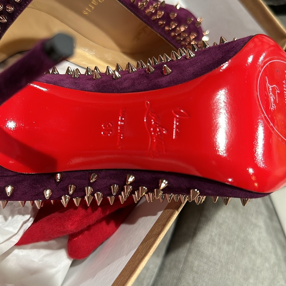 CHRISTIAN LOUBOUTIN Suede Velour Studded Spike Pumps 36 6 100 High Heels Merlot - Picture 9 of 10
